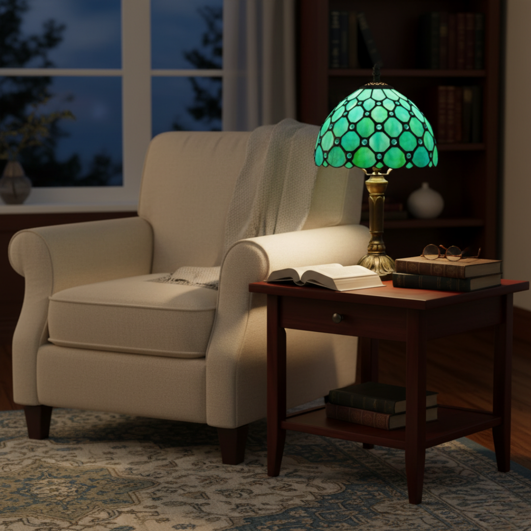 Lámpara de mesa LED estilo vitral Verde Esmeralda
