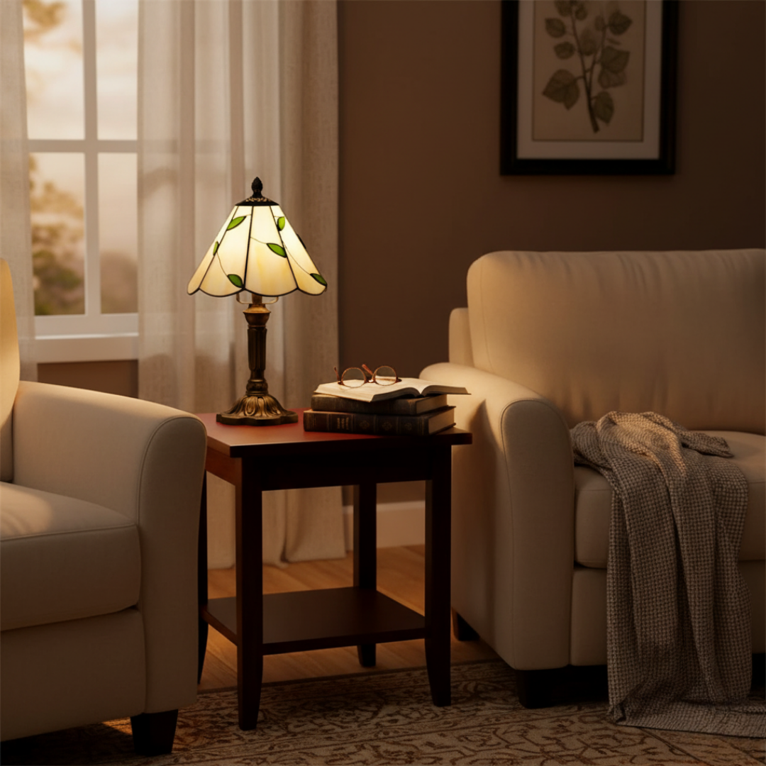 Lámpara de mesa LED estilo vitral Hojas Verdes