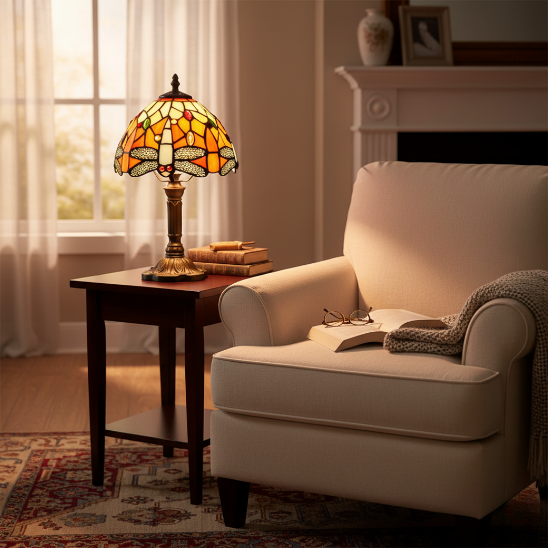 Lámpara de mesa LED estilo vitral Libélula Ámbar
