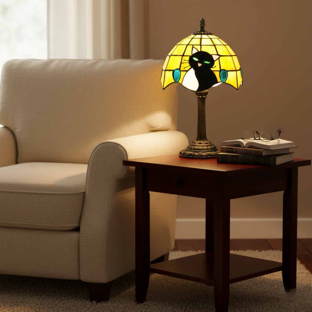 Lámpara de mesa estilo barroco con gato negro